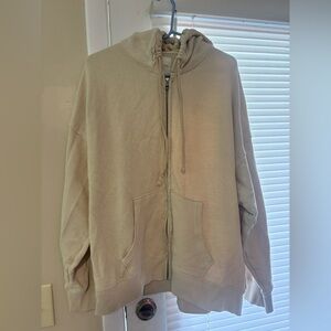 American Eagle Outfitters Light Beige Zip Hoodie with Drawstring